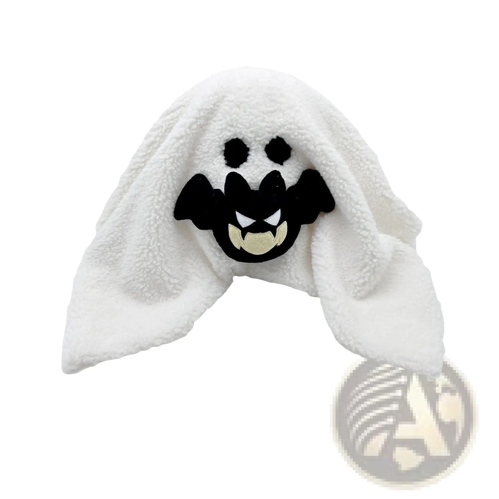 White plush ghost towel with black embroidered bat face and white teeth in gus the ghost pumpkin halloween plush pillow toy
