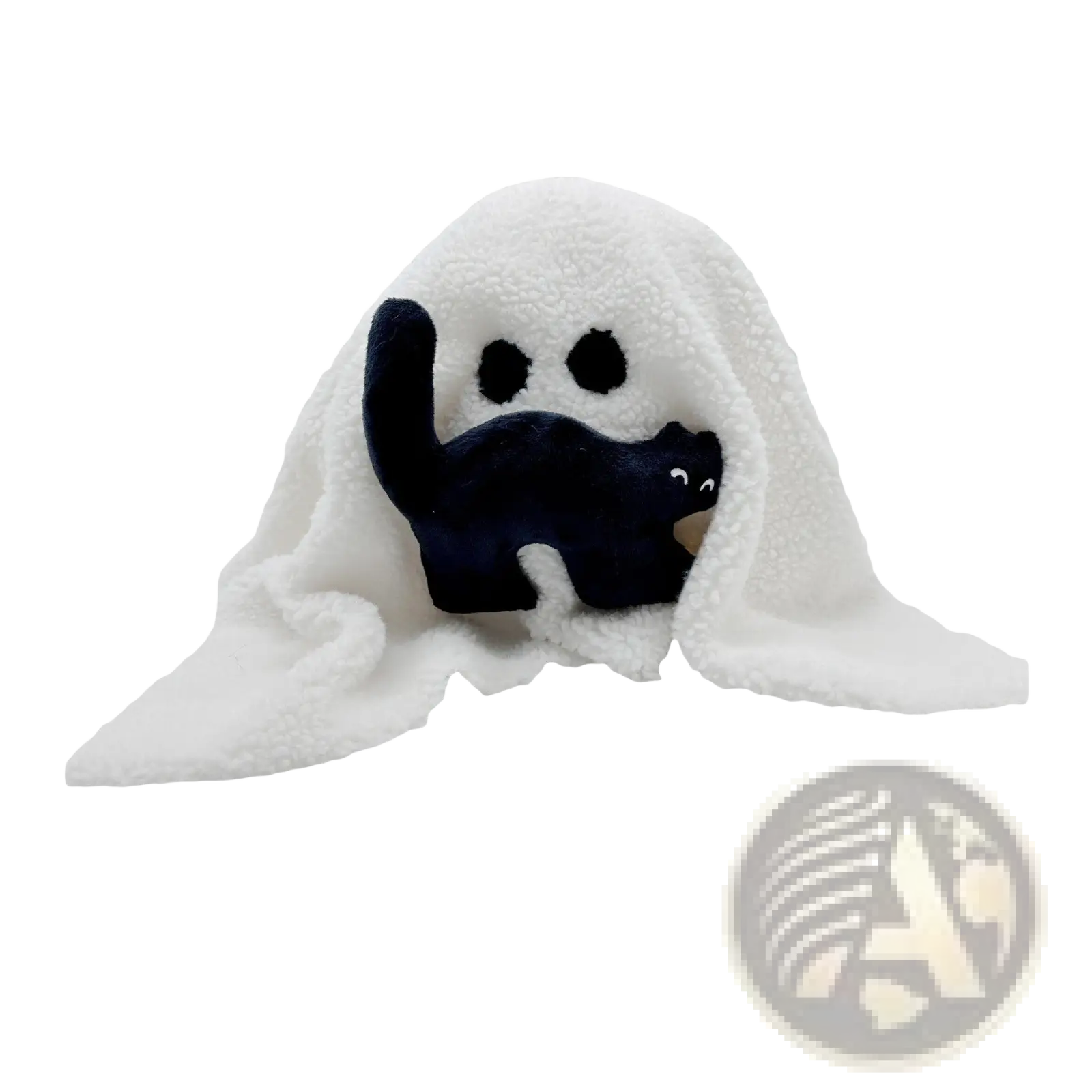 White plush ghost towel with a black cat peeking out from underneath gus the ghost pumpkin halloween plush pillow toy