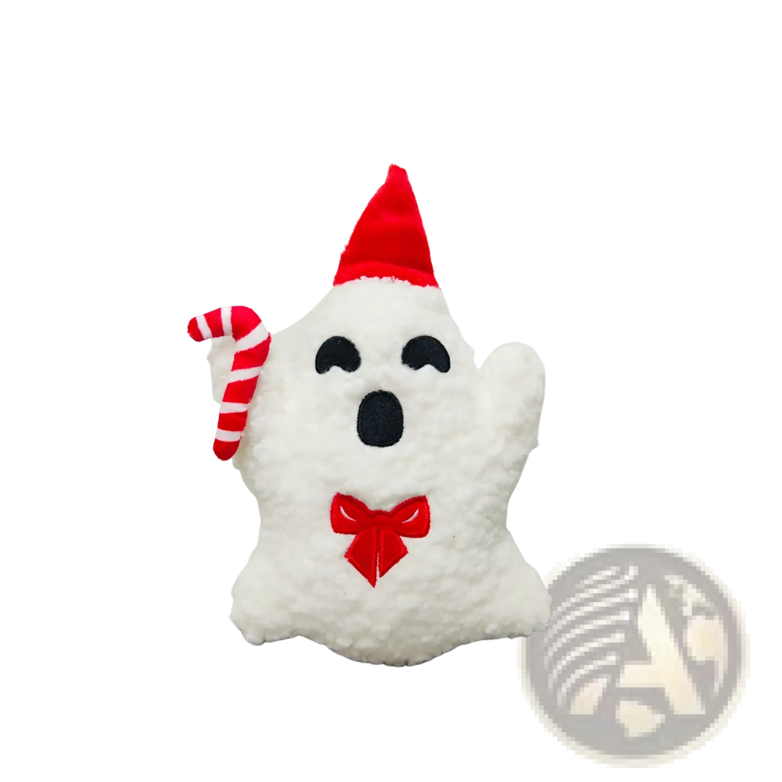 White plush gus the ghost pumpkin halloween pillow toy with red santa hat candy cane and red bow tie accessory