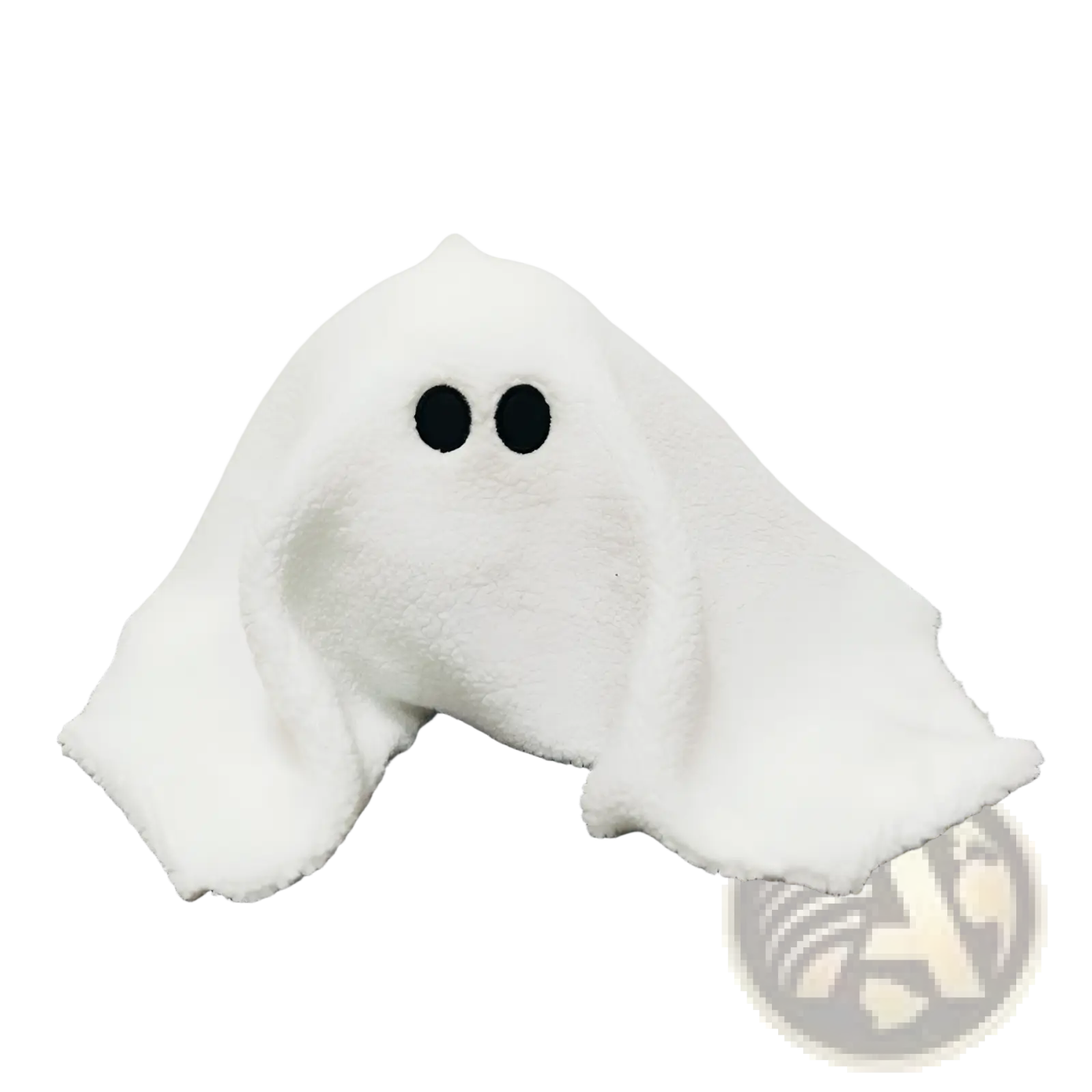 A plush white ghost-shaped towel with soft fluffy texture and black circular eyes from Gus the Ghost Pumpkin Halloween plush pillow toy