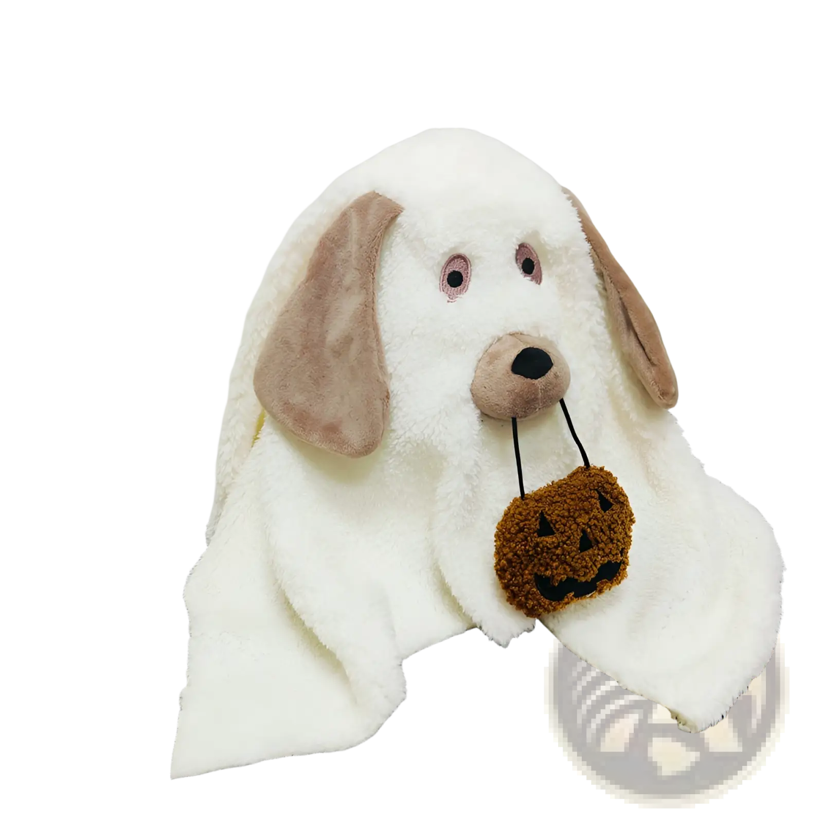Gus the ghost pumpkin halloween plush pillow toy in white with brown ears holding a pumpkin-themed pouch