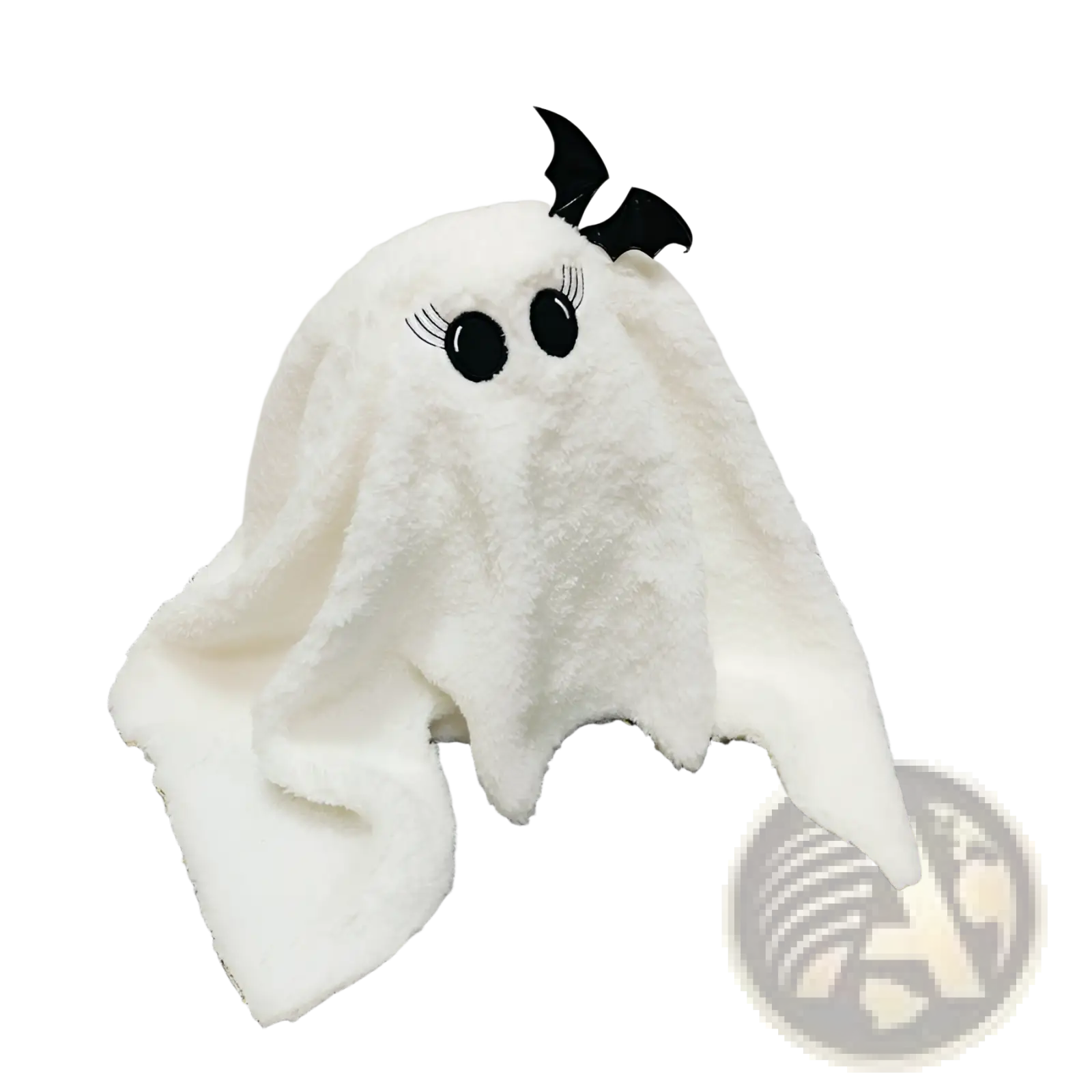 Gus the ghost pumpkin halloween plush pillow toy with white plush fabric, black embroidered eyes, lashes, and bat wings