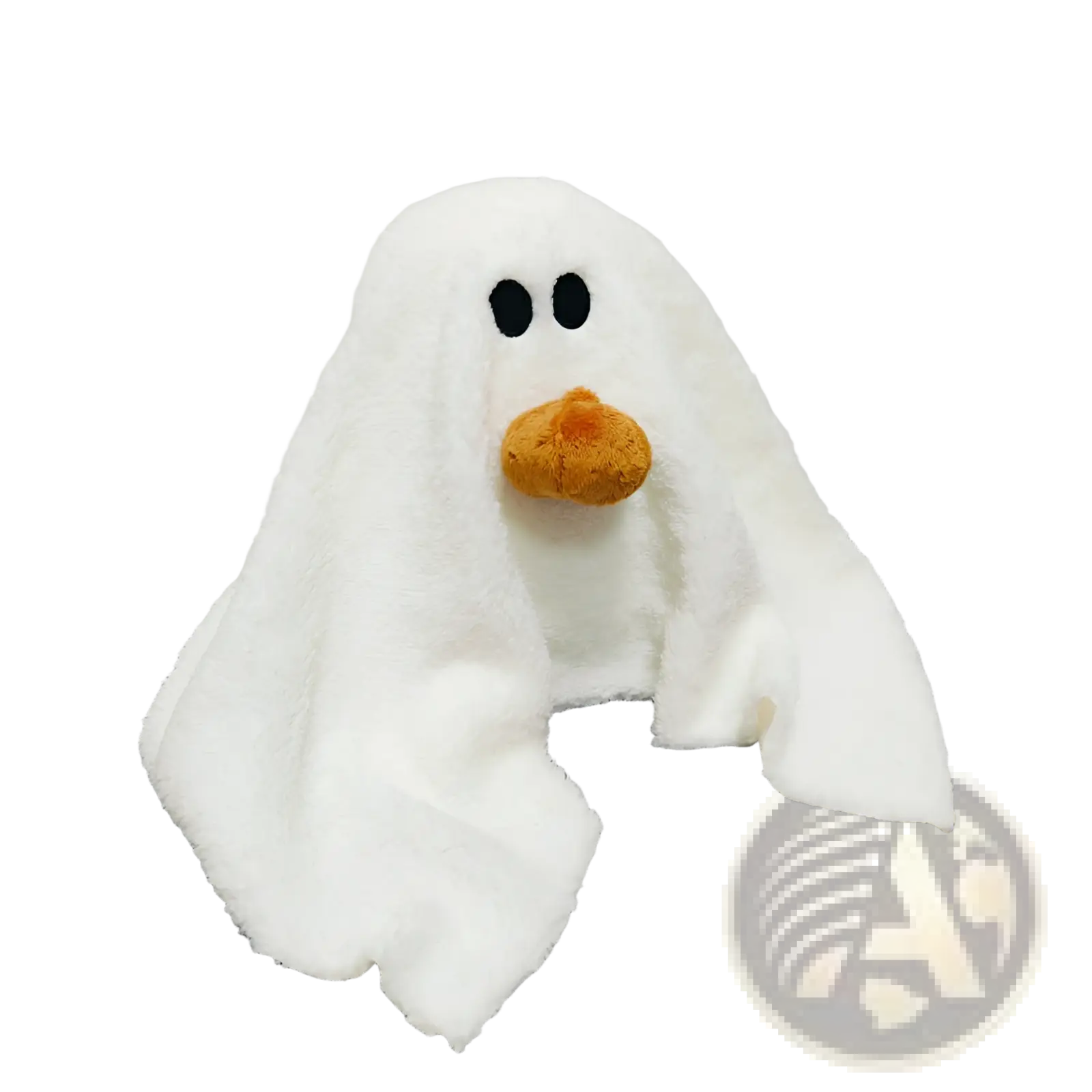 Gus the Ghost Pumpkin Halloween plush pillow toy in white plush with black button eyes and tan rounded beak nose
