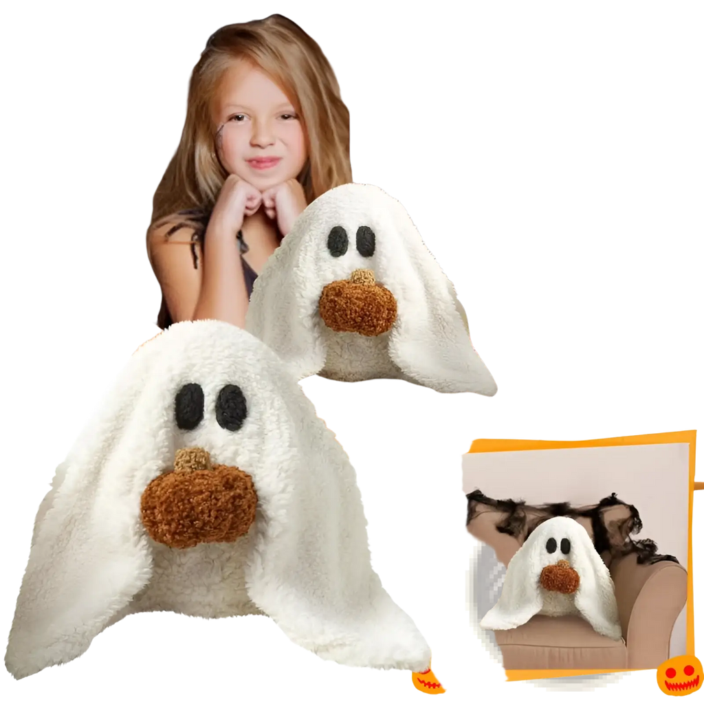 White plush gus the ghost pumpkin Halloween pillow toy with black button eyes and brown pom-pom nose