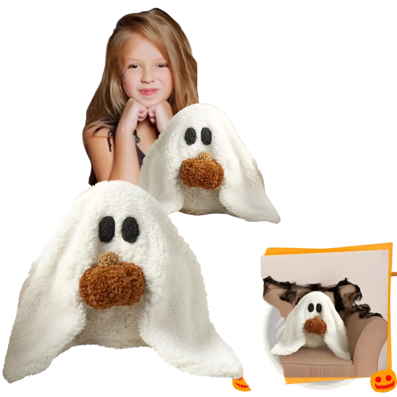 White plush gus the ghost pumpkin Halloween pillow toy with black button eyes and brown pom-pom nose