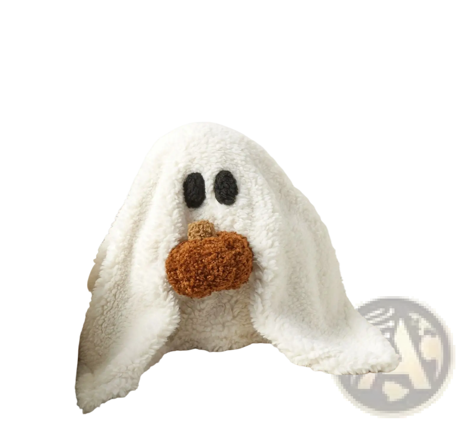 Gus the ghost pumpkin plush pillow toy features a white plush material with black button eyes and brown pumpkin nose
