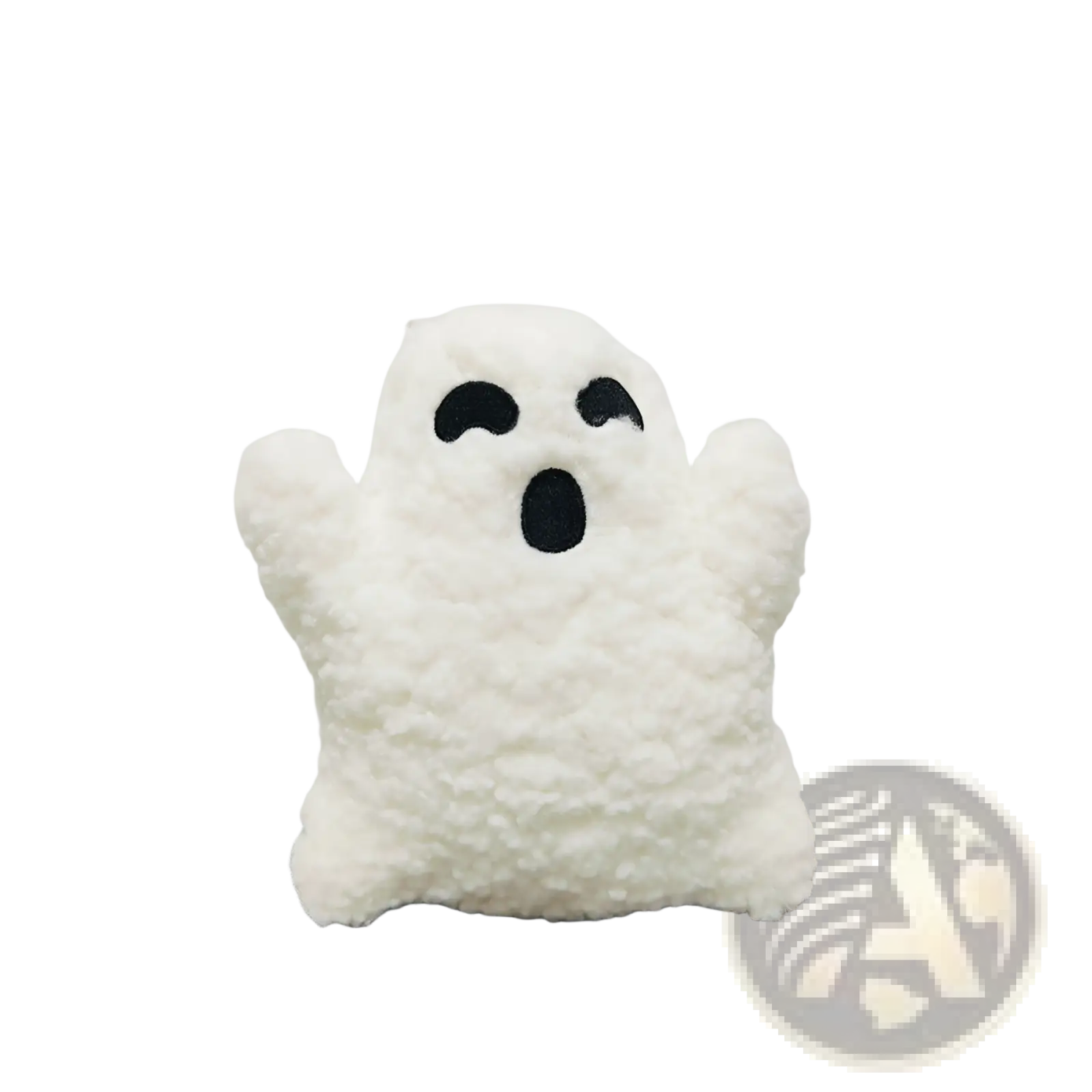 White plush Gus the Ghost pumpkin Halloween pillow toy with black embroidered eyes and mouth