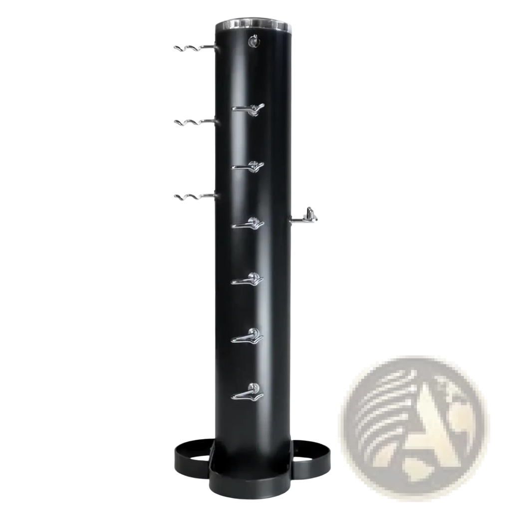Black cylindrical gym cable attachment rack storage stand with silver-toned hooks and matching base for organized storage