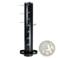 Black cylindrical gym cable attachment rack storage stand with silver-toned hooks and matching base for organized storage