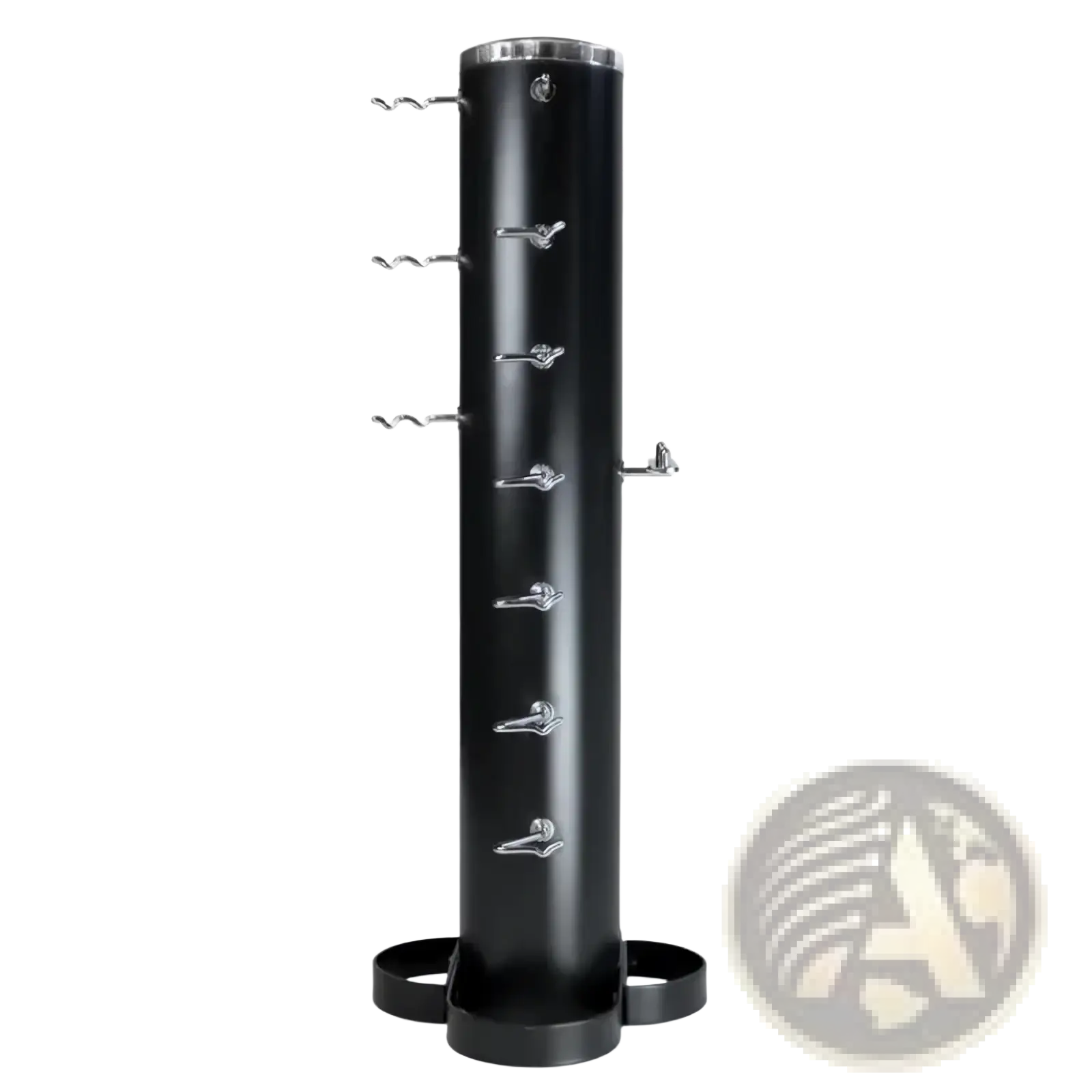Black cylindrical gym cable attachment rack storage stand with silver-toned hooks and matching base for organized storage