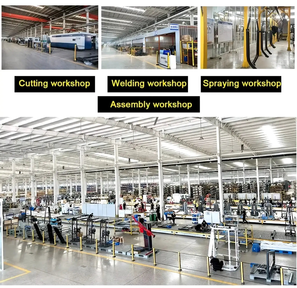 Gym cable attachment rack storage stand in a large industrial factory with high ceilings and exposed beams