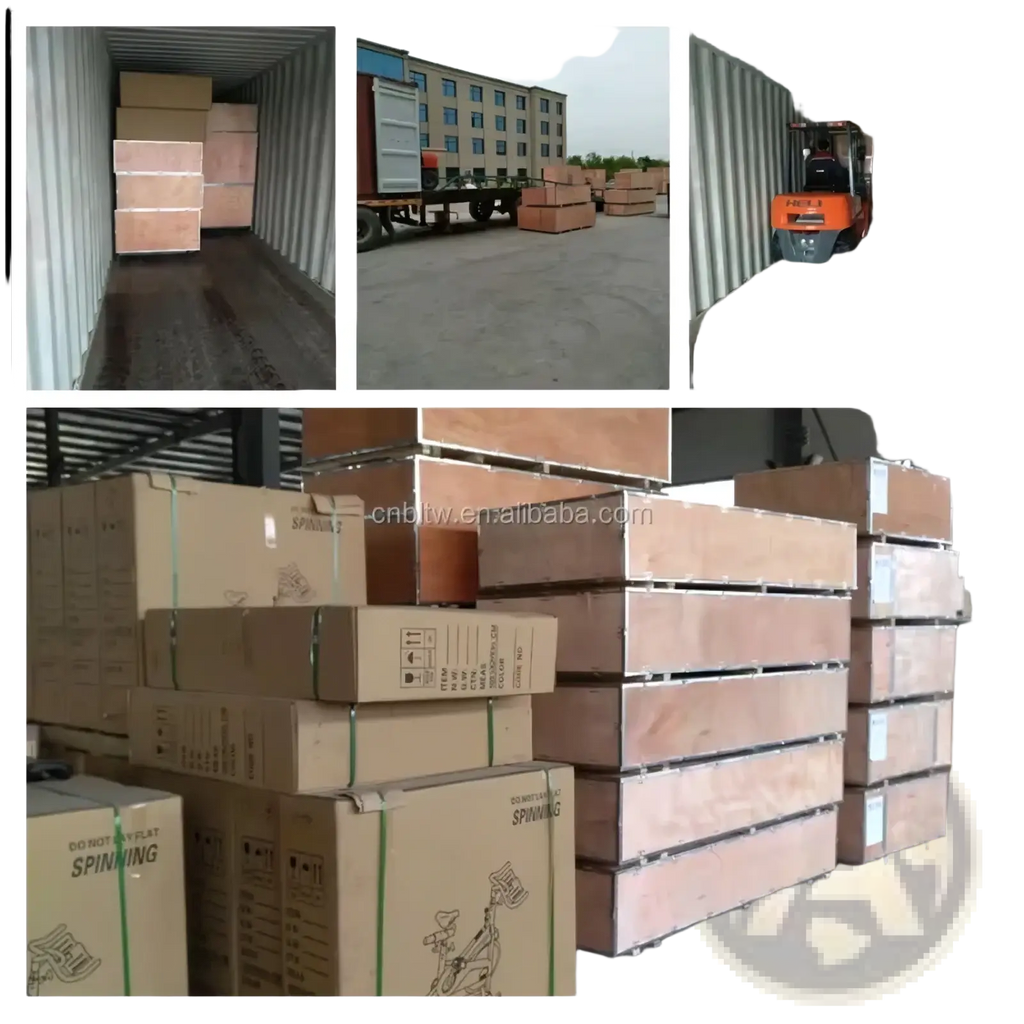 Stacks of brown cardboard boxes with green straps and exercise equipment labels for gym cable attachment rack storage stand