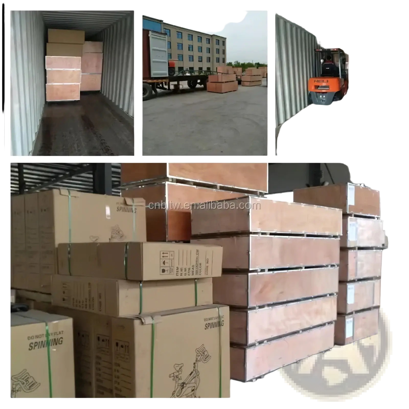 Stacks of brown cardboard boxes with green straps and exercise equipment labels for gym cable attachment rack storage stand