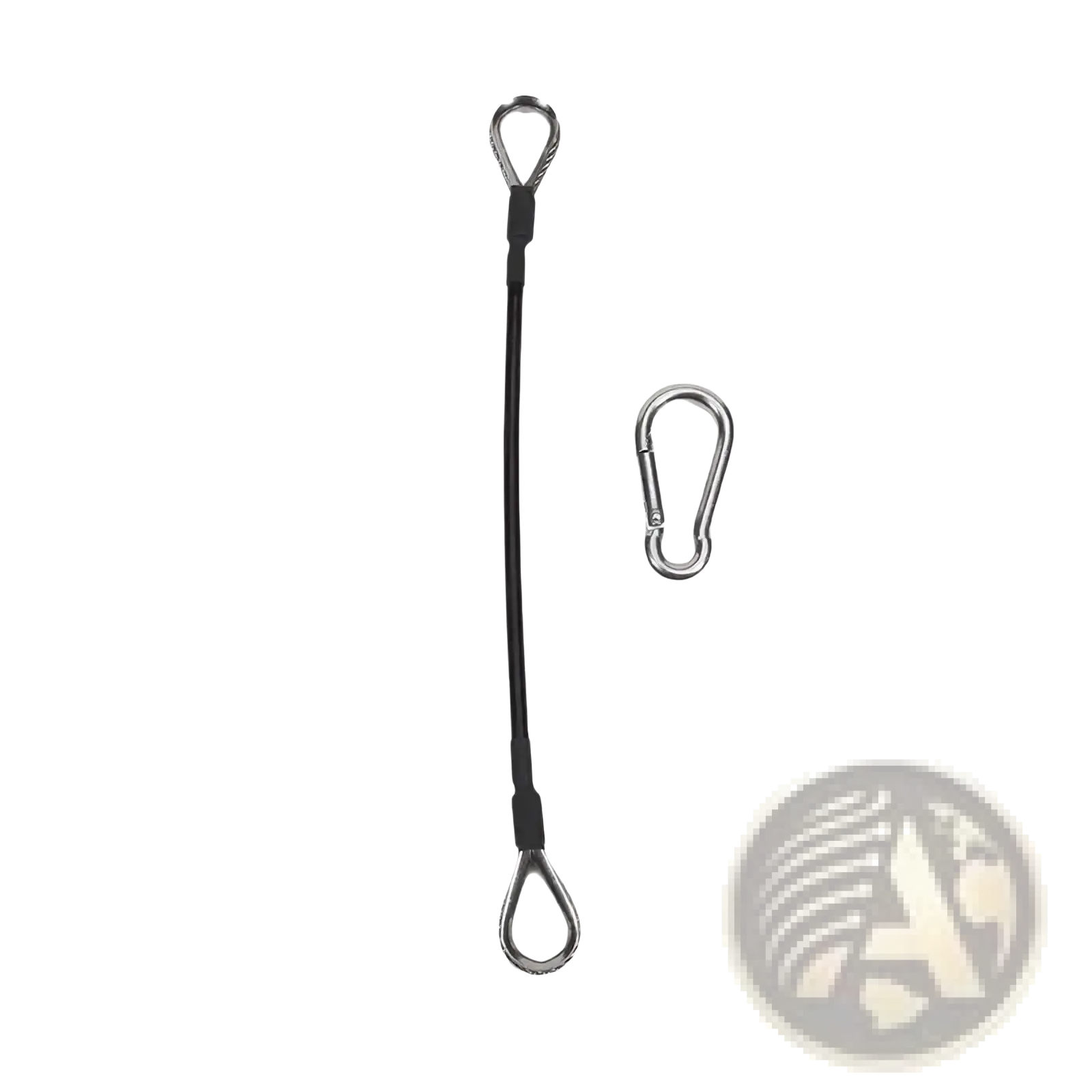Black braided steel gym cable extension for bowflex home gym with silver metal eye loops and carabiner clip