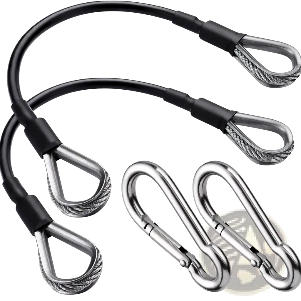 Black-coated steel cable ties with stainless steel wire loops and matching carabiners for gym cable extension Bowflex home gym
