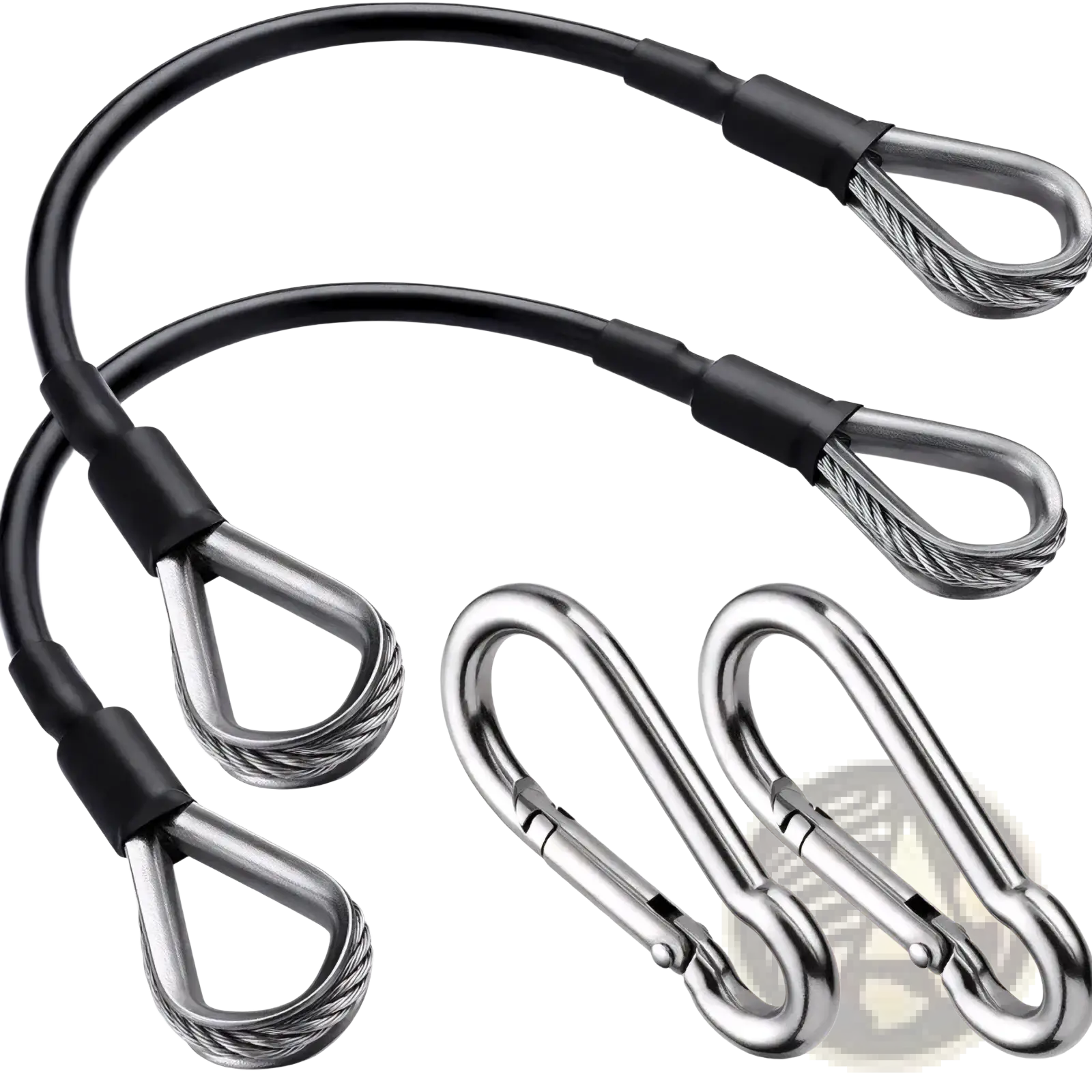 Black-coated steel cable ties with stainless steel wire loops and matching carabiners for gym cable extension Bowflex home gym