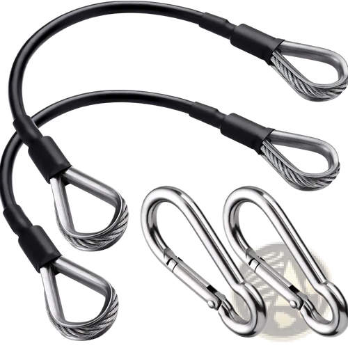 Black-coated steel cable ties with stainless steel wire loops and matching carabiners for gym cable extension Bowflex home gym