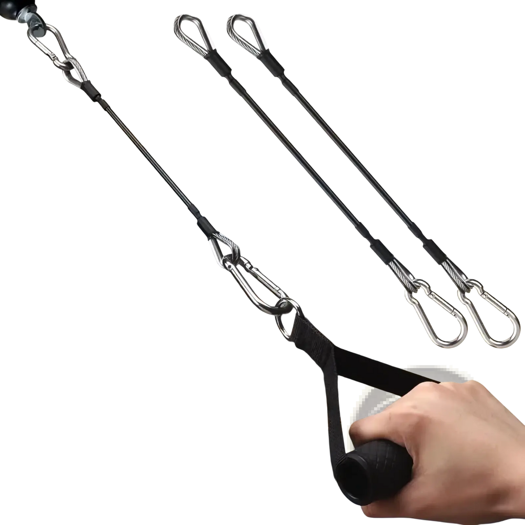 Black gym cable extension for bowflex home gym with textured grip handle and metal carabiner attachments