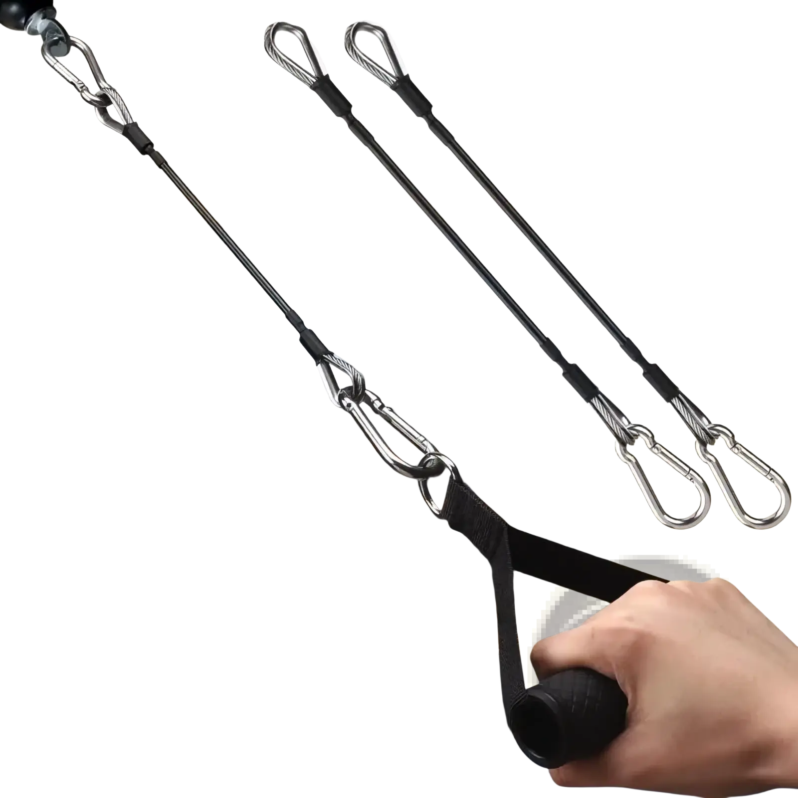 Black gym cable extension for bowflex home gym with textured grip handle and metal carabiner attachments