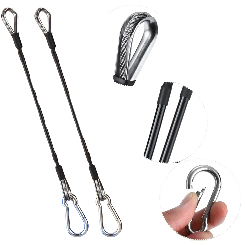 Black and silver gym cable extension straps with reinforced metal carabiners for Bowflex home gym use