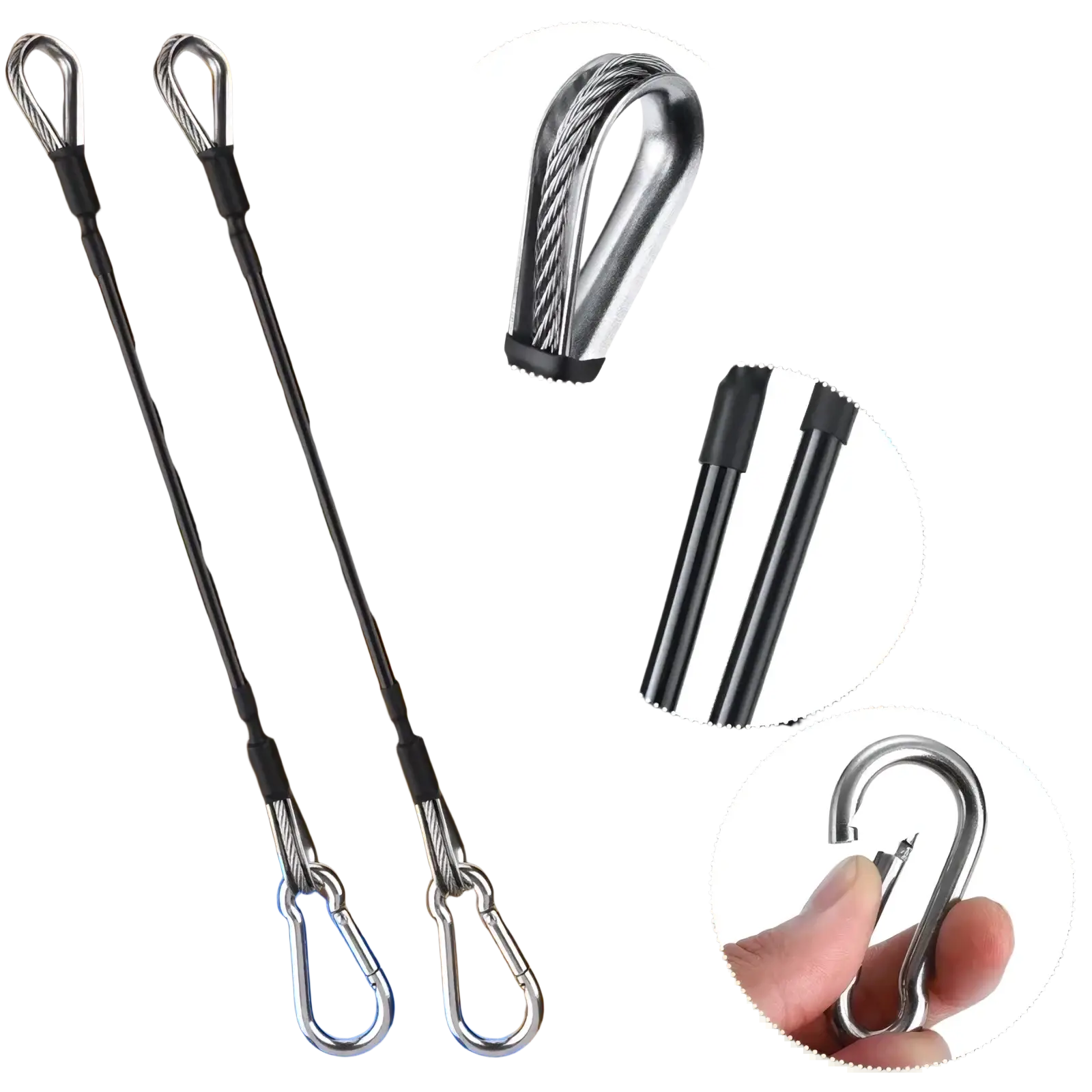 Black and silver gym cable extension straps with reinforced metal carabiners for Bowflex home gym use