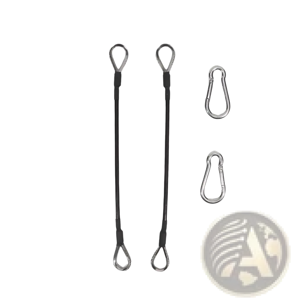Black gym cable extension straps for bowflex home gym with silver metal loops and carabiners for secure attachment