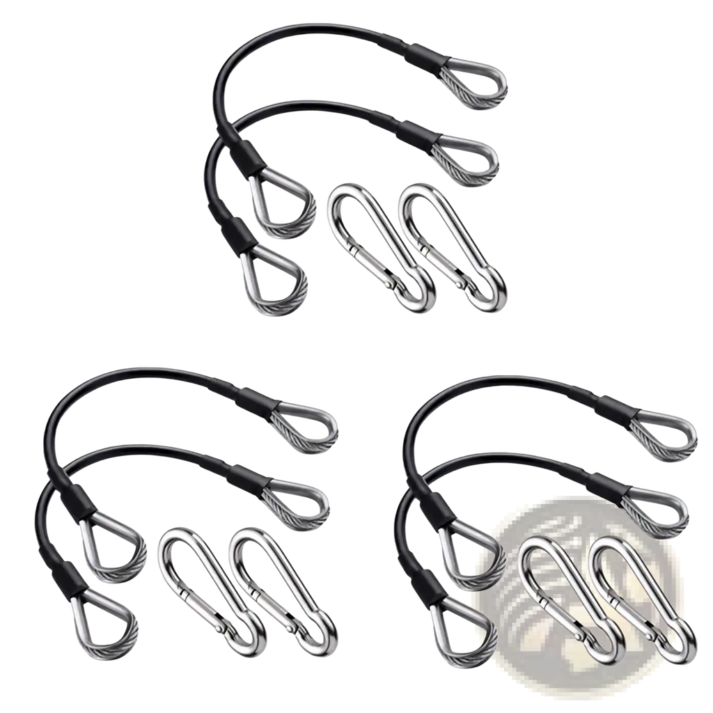 Set of three black-coated steel gym cable extension ties with silver metal carabiners for Bowflex home gym machines