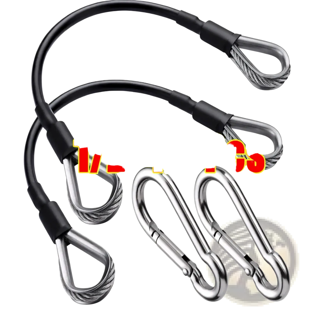 Black-coated steel gym cable extension with stainless steel wire loops and carabiner hooks for bowflex home gym machines