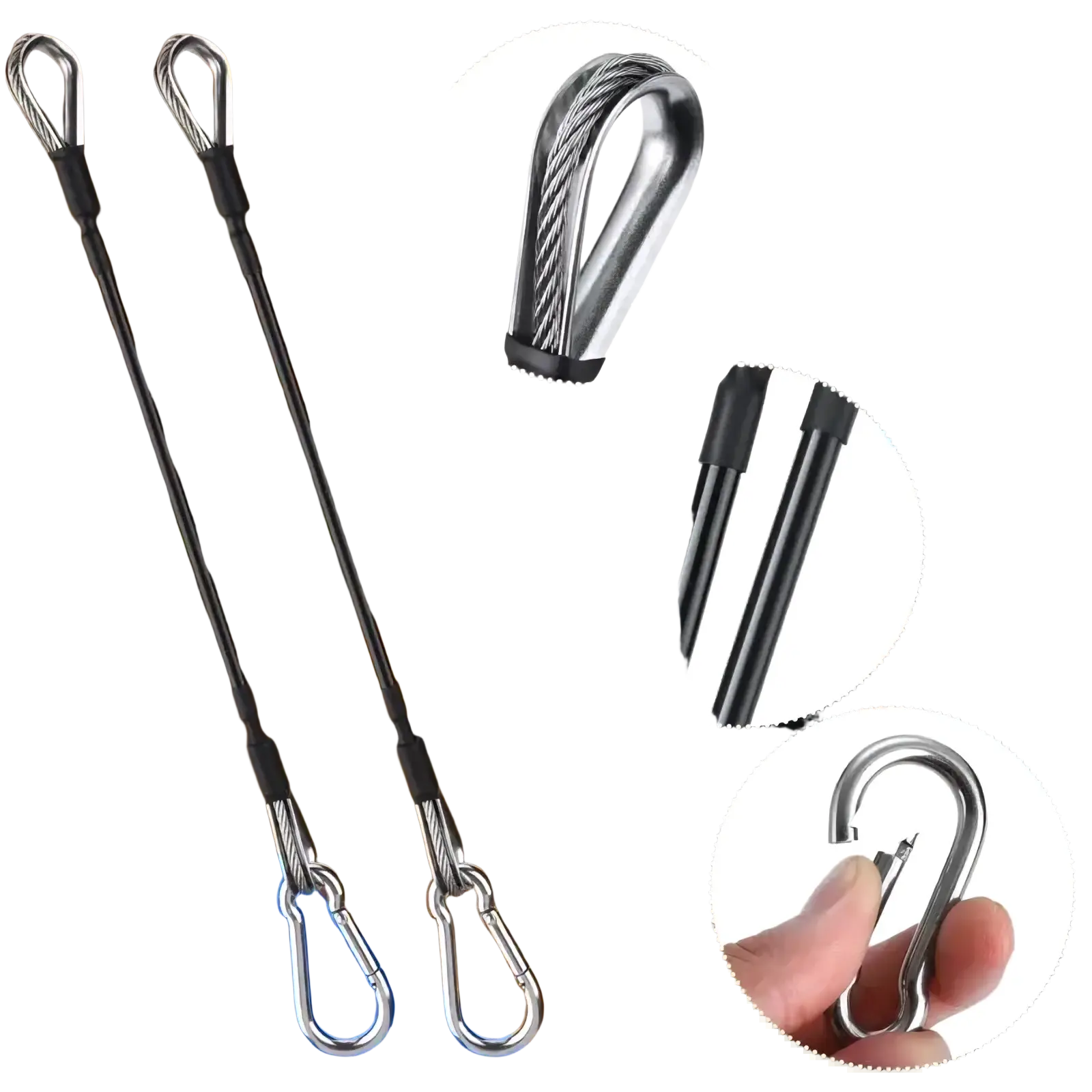 Gym cable extension for bowflex home gym machines with silver steel cable black rubber grip and metal carabiner hooks