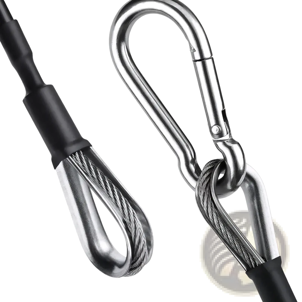 Silver stainless steel carabiner with black rubber-coated ends and braided wire rope for gym cable extension bowflex home gym