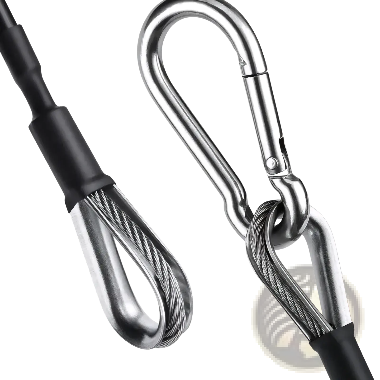 Silver stainless steel carabiner with black rubber-coated ends and braided wire rope for gym cable extension bowflex home gym