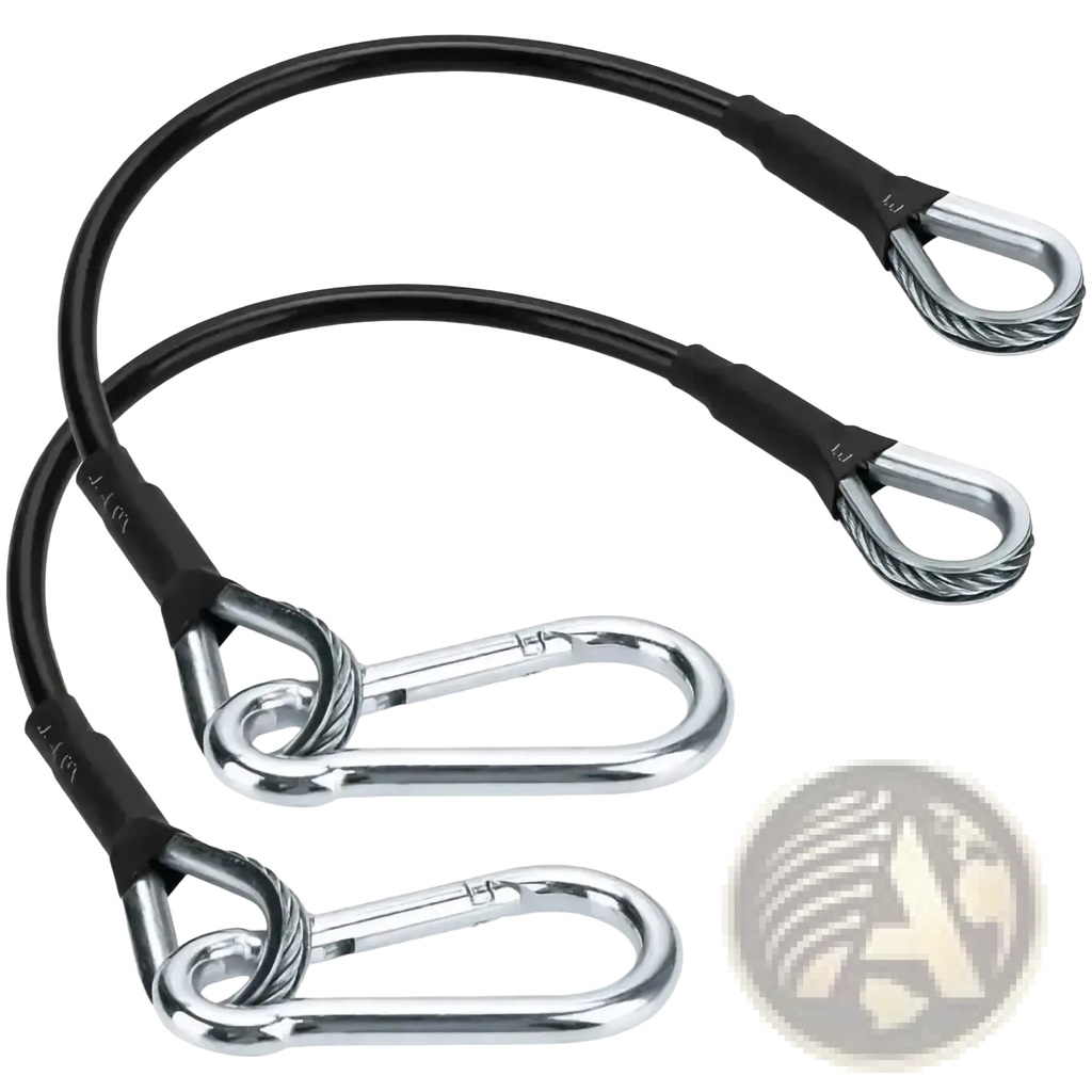 Black-coated steel gym cable extension with stainless steel carabiner and looped end fittings for home gym machines