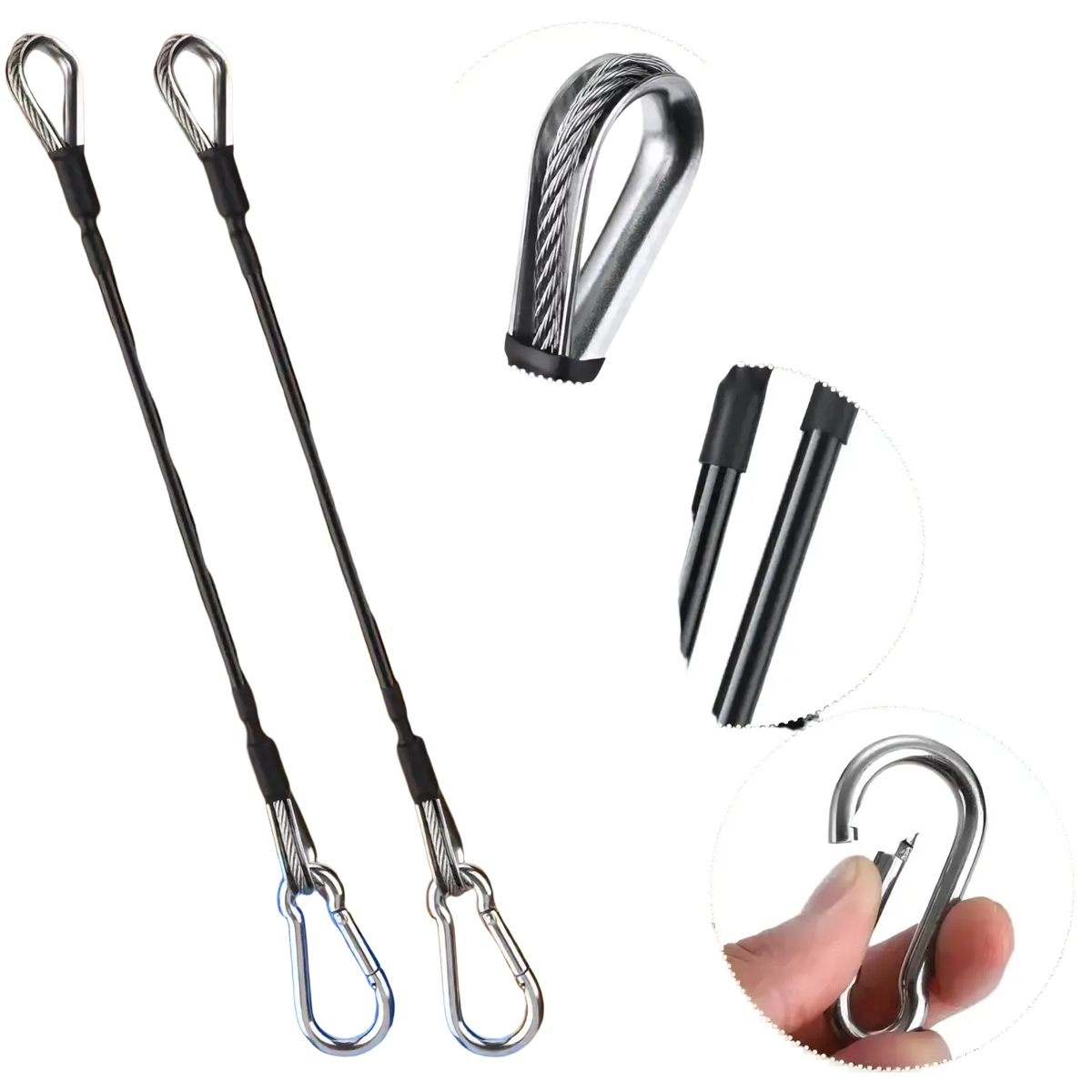 Silver steel gym cable extension with black rubber grip and metal carabiner hooks for home gym machines