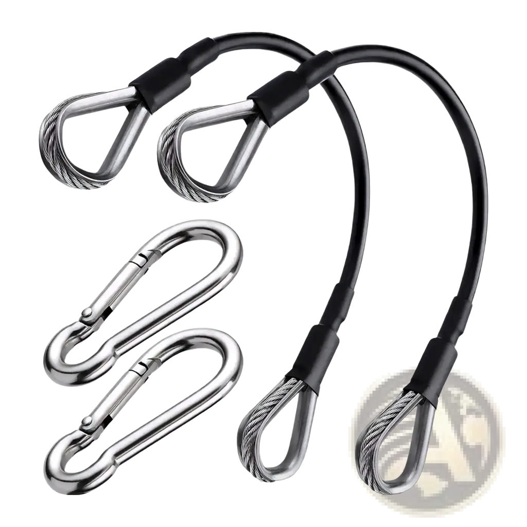 Gym cable extension set featuring black coated steel cable with reinforced metal loops and two silver carabiners