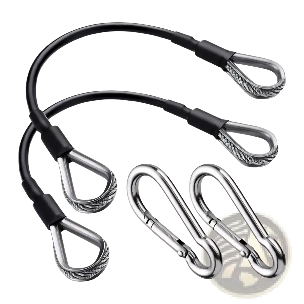Black-coated gym cable extension set with stainless steel wire loops and matching steel carabiners for durable use