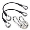 Black-coated gym cable extension set with stainless steel wire loops and matching carabiners for strength training