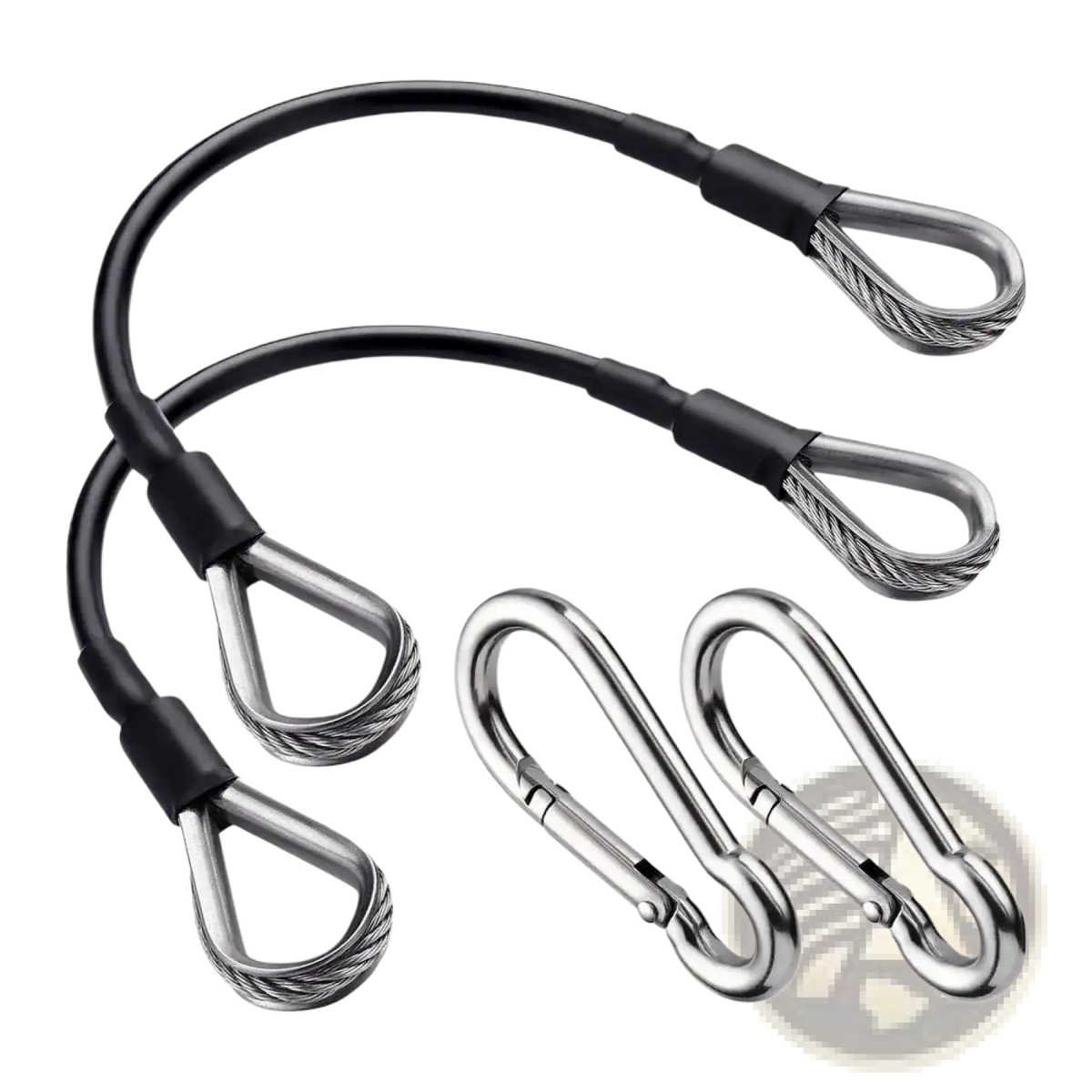 Black-coated gym cable extension set with stainless steel wire loops and matching carabiners for strength training