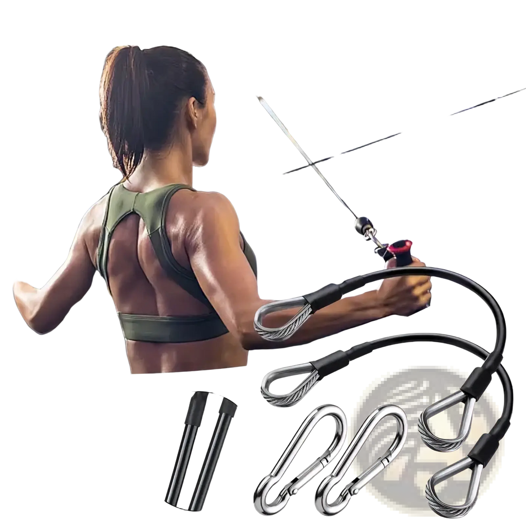 Gym cable extension set featuring black and silver steel cables with carabiners for secure gym equipment attachment
