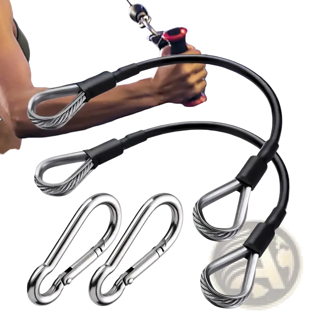 Gym cable extension set with black and silver reinforced cables and metal carabiner clips for strength training