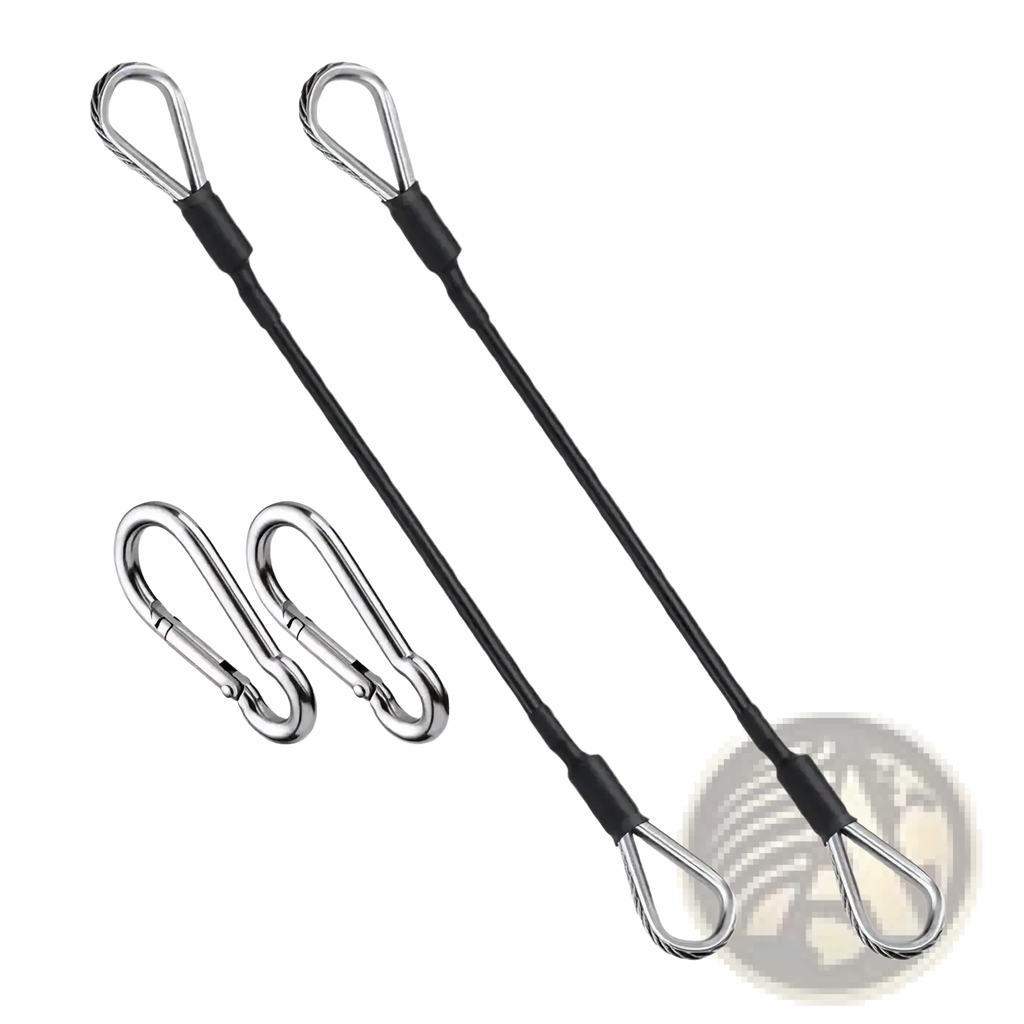 Gym cable extension set with silver steel cables black rubber sleeves and matching carabiner clips for workout use