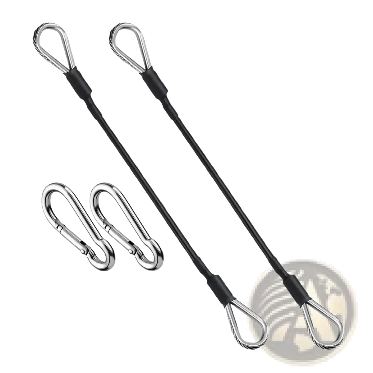 Gym cable extension set with silver steel cables black rubber sleeves and matching carabiner clips for workout use