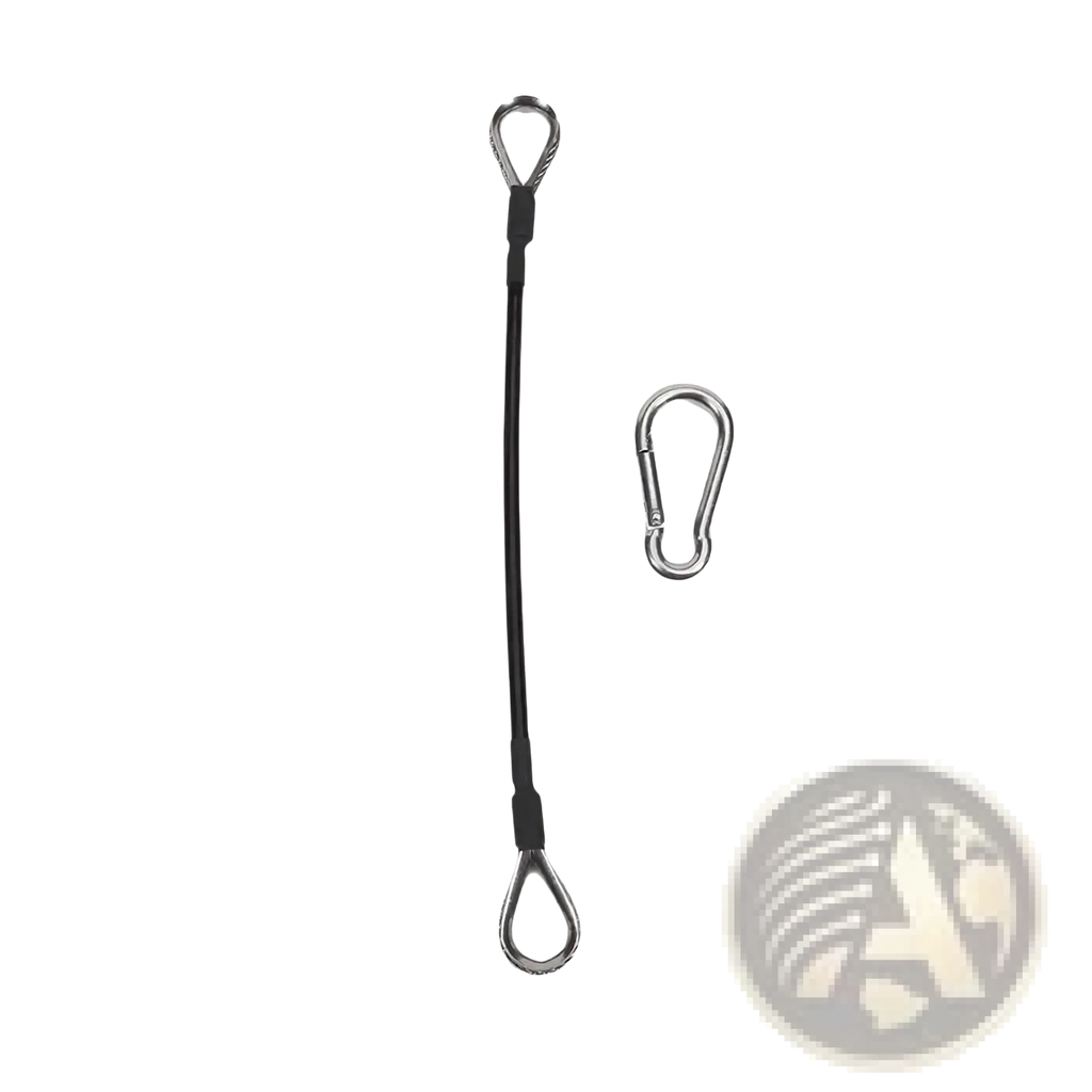 Black braided steel gym cable extension straps for bowflex home gym with silver metal eye loops and carabiner clip