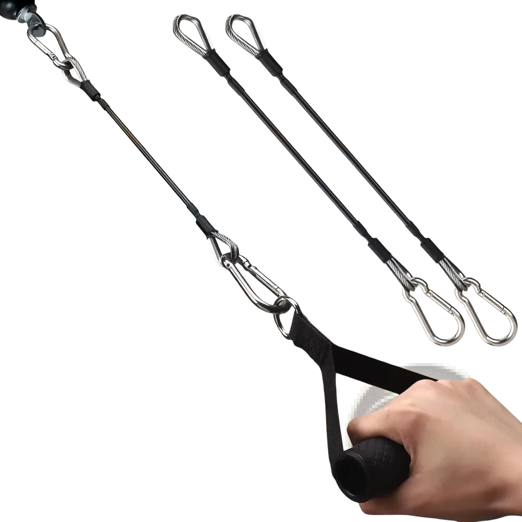 Black gym cable extension straps with textured grip handle and metal carabiner attachments for Bowflex home gym
