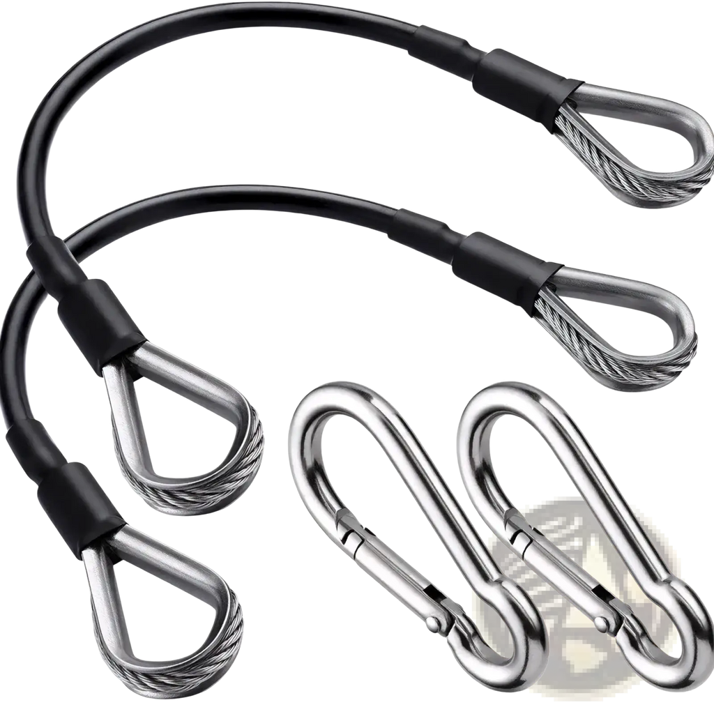 Two black steel cable extension straps with stainless steel loop ends and silver carabiners for bowflex home gym