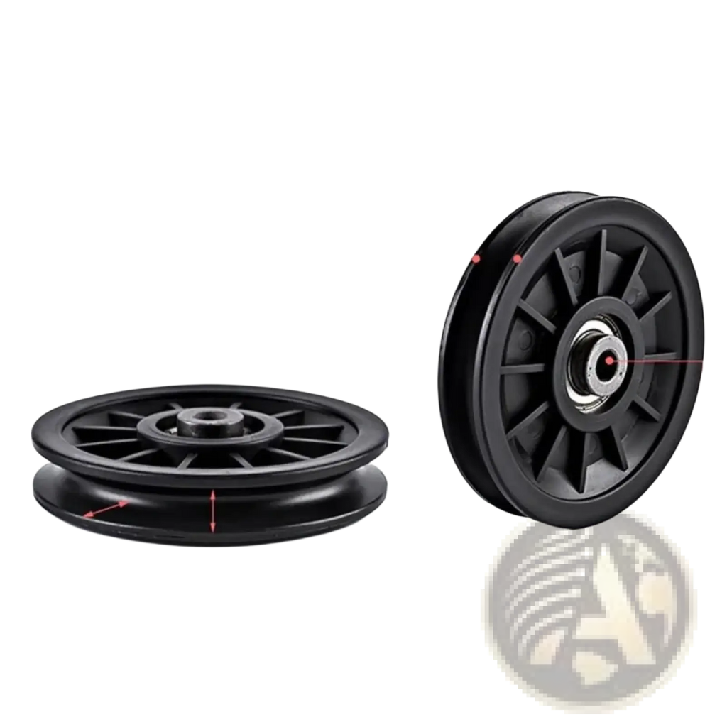 Black gym cable machine replacement nylon pulley wheel with central bearing radial grooves and precise dimensional markings