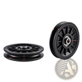 Black gym cable machine replacement nylon pulley wheel with central bearing radial grooves and precise dimensional markings