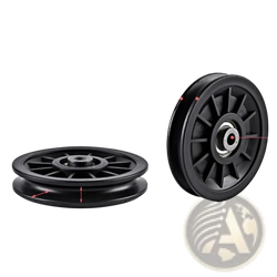 Black gym cable machine replacement nylon pulley wheel with central bearing radial grooves and precise dimensional markings