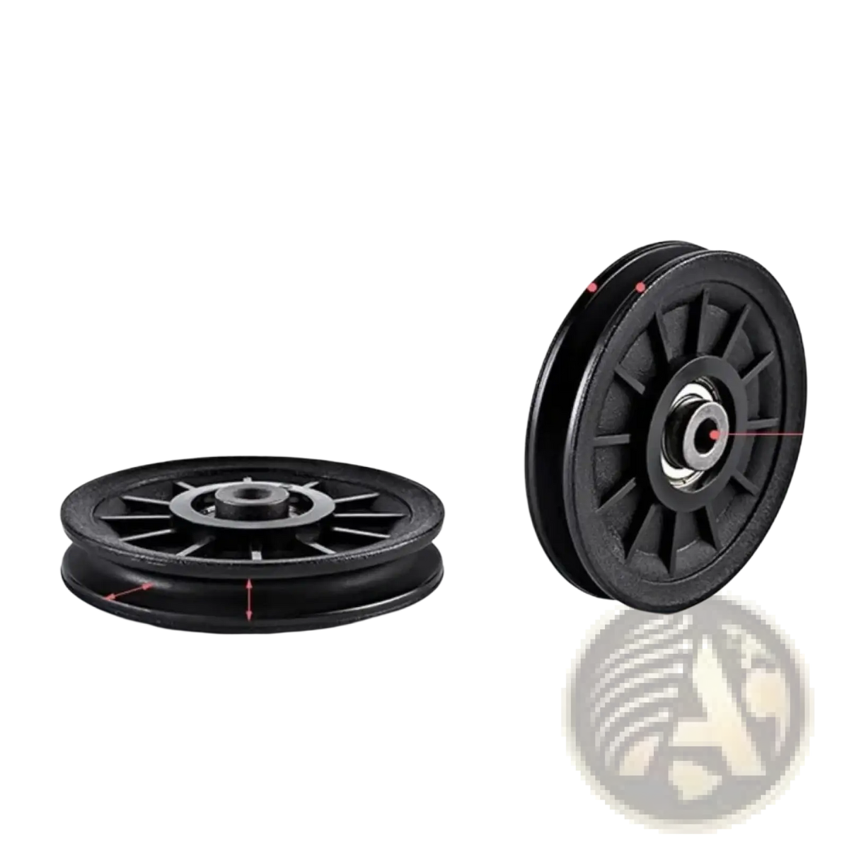 Black nylon gym cable machine replacement pulley wheel with ribbed edge and central hub featuring precise measurements