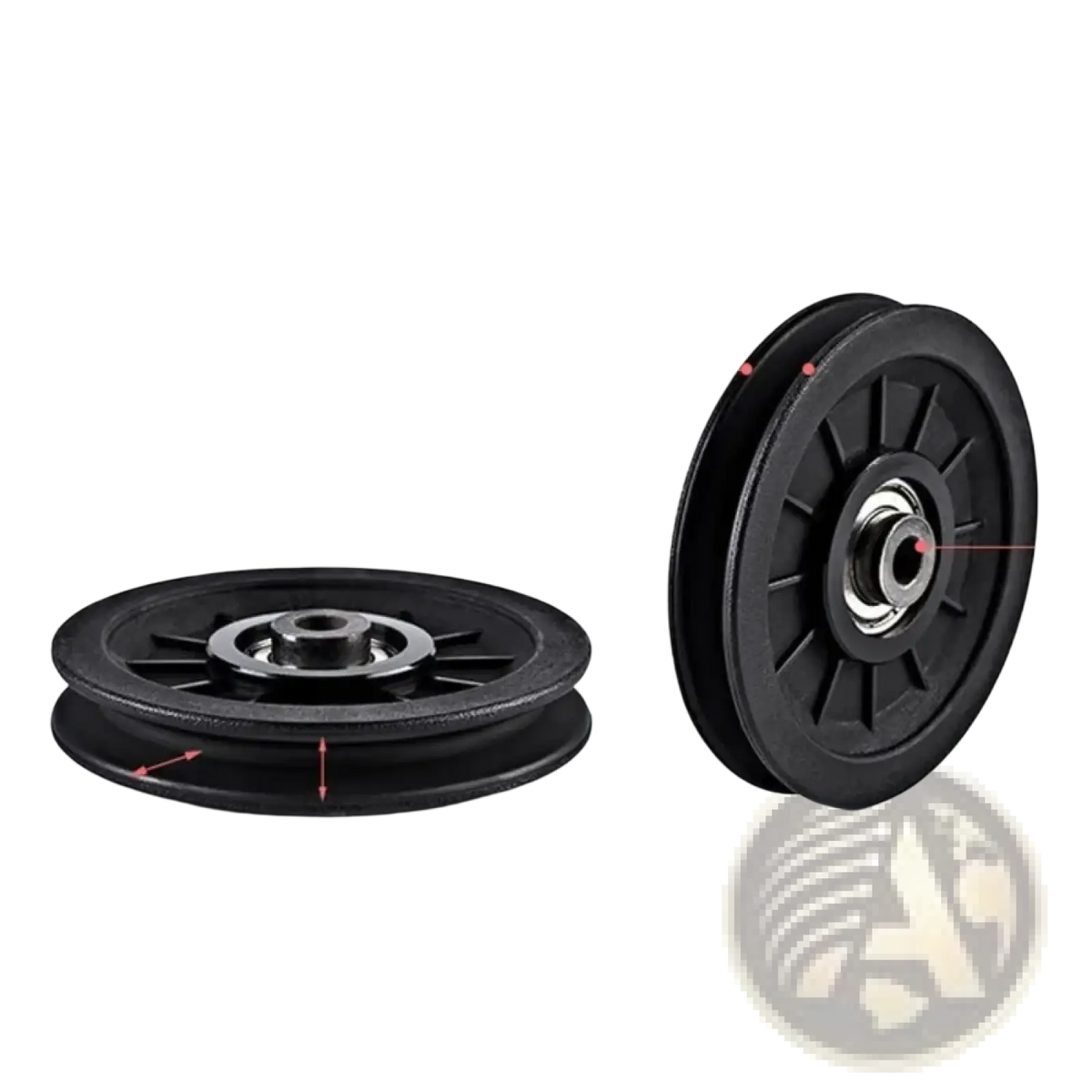 Black gym cable machine replacement nylon pulley wheel with a central metal shaft and grooved edges for mechanical use