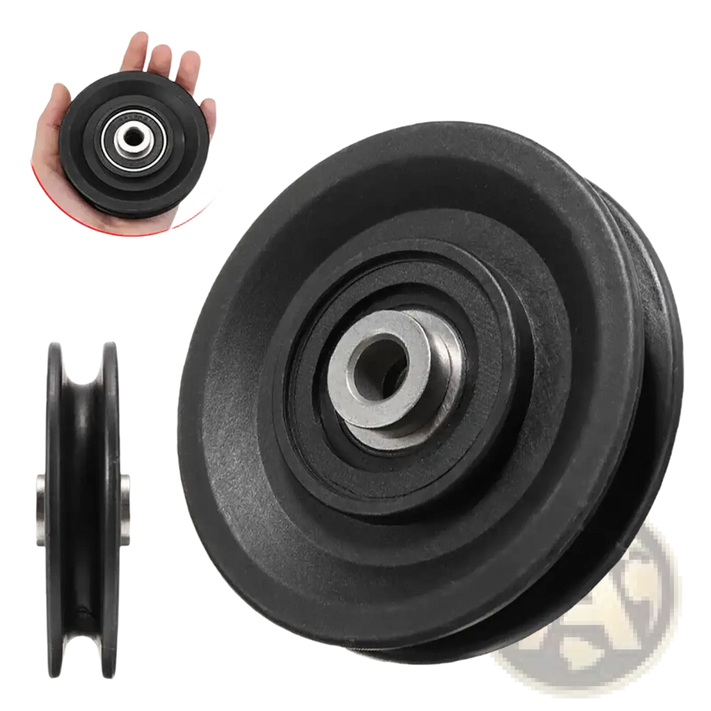 Black rubber-coated gym cable machine replacement pulley wheel with metallic bearing hub and nylon construction
